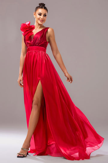 Red A Line V Neck Organza Long Formal Dress with Slit